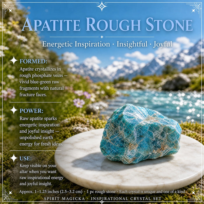 Raw blue-green apatite rough stone on a marble disc
