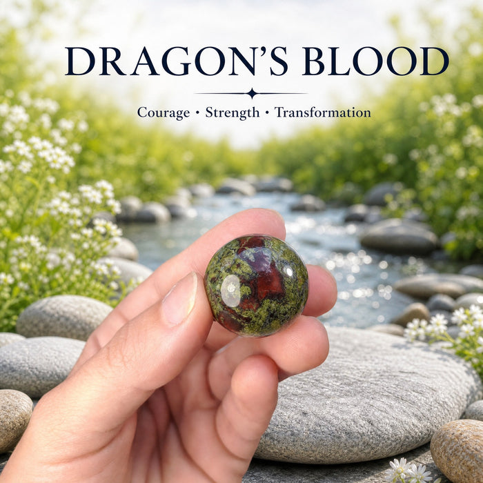 A small moss-green and red dragon blood sphere held in the fingertips