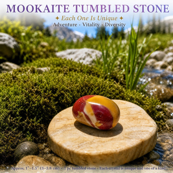 Red and yellow mookaite tumbled stone on a stone disc