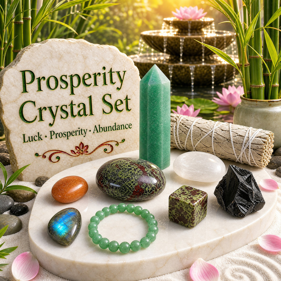 All nine pieces of the Prosperity Crystal Set on a white stone tray beside a fountain: aventurine point, sage bundle, palmstones, cube, rough obsidian, labradorite and a green bead bracelet