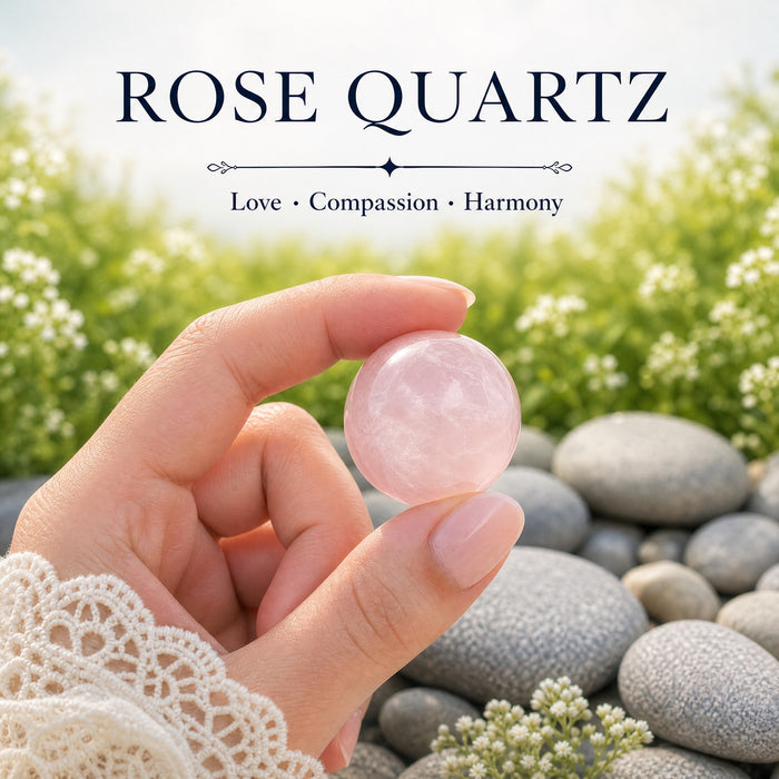 A small blush-pink rose quartz sphere held between finger and thumb