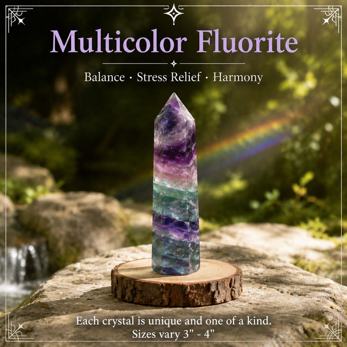 A purple and green banded fluorite point beside a rainbow