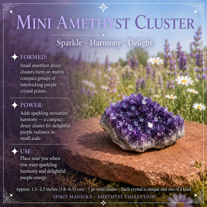 A small cluster of deep purple amethyst points resting on a stone