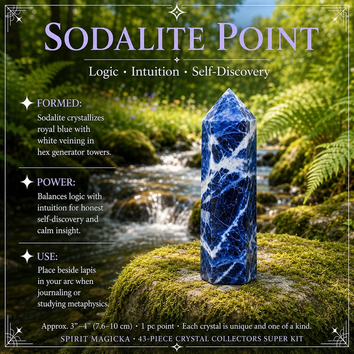 Sodalite crystal point, royal blue with white veins