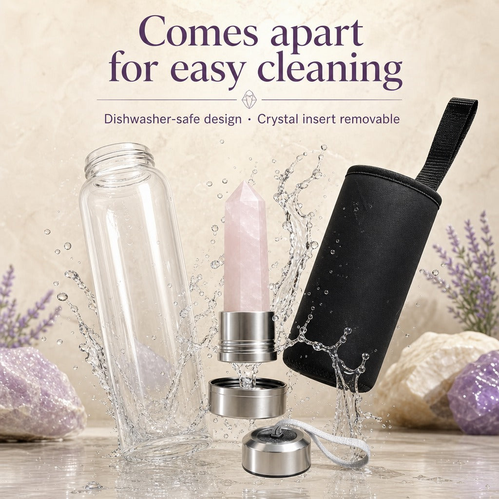 The bottle taken apart: clear body, rose quartz insert, steel cap and base, and the black neoprene carry case