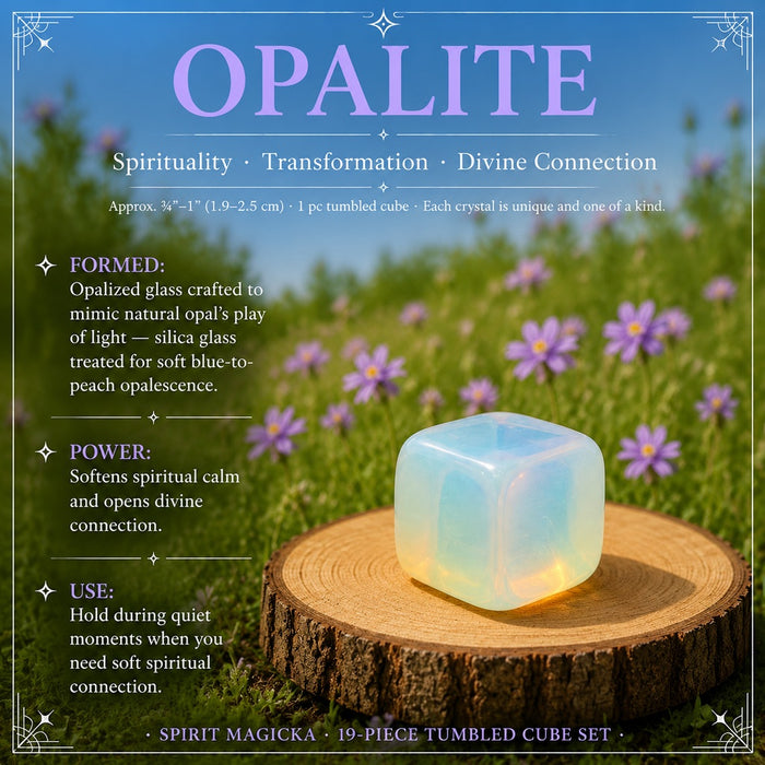 Opalite tumbled cube on a wooden round in a wildflower meadow