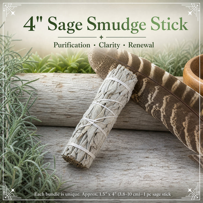 Bundled white sage smudge stick tied with string beside a feather