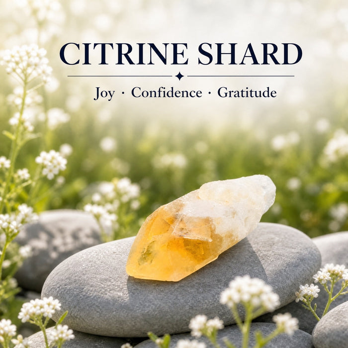 Raw golden citrine shard on grey pebbles