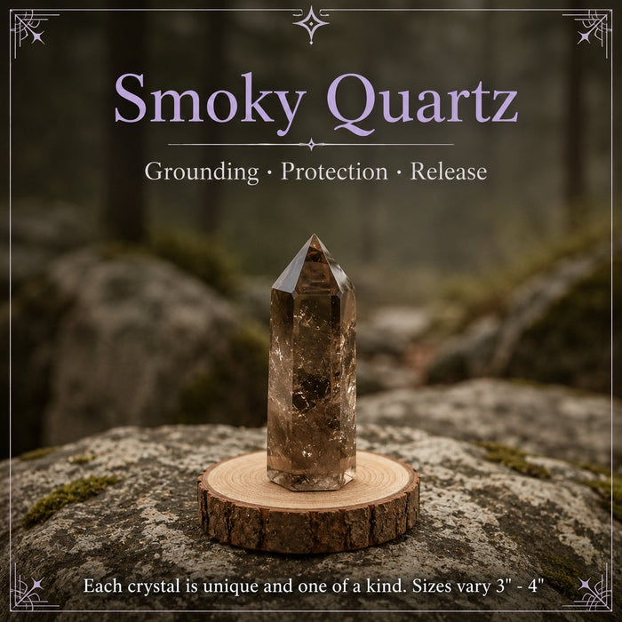 A smoky brown quartz point on a wooden stand in a forest