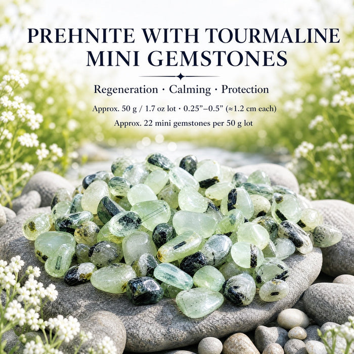 A scoop of small green prehnite mini gemstones