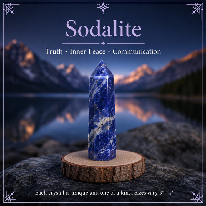 A blue and white sodalite point beside a mountain lake