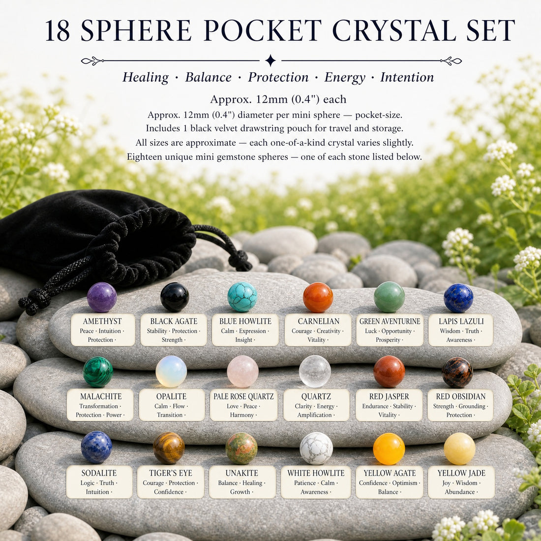 All eighteen mini spheres lined up in three rows on flat stones, each labelled with its name and associations, beside a black velvet pouch