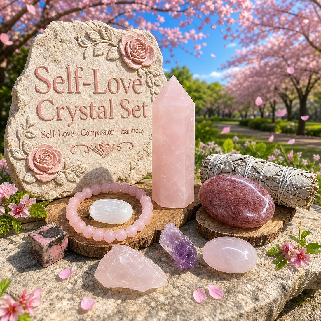 The full Self-Love Crystal Set among cherry blossoms: rose quartz point, strawberry quartz palmstone, rose quartz mala bracelet, sage stick, selenite ellipse, rough rose quartz, amethyst shard, rhodonite cube and rose quartz ellipse