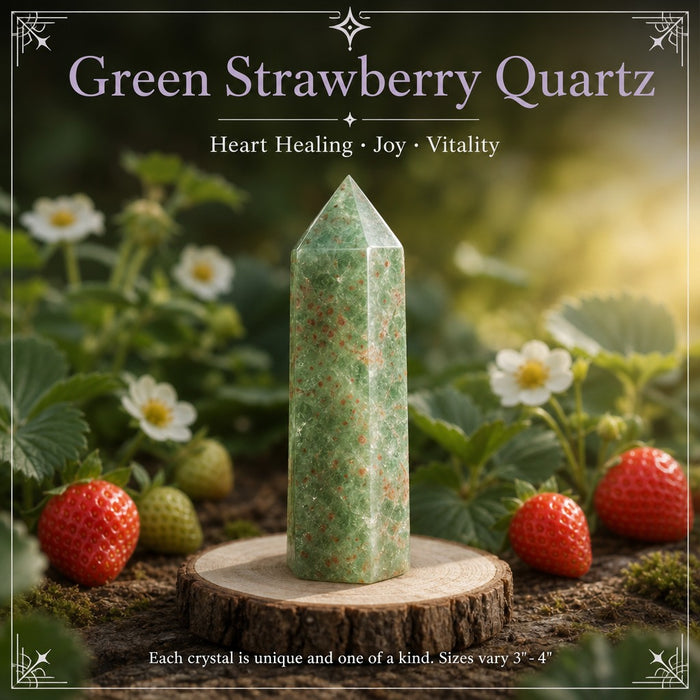 A green strawberry quartz point beside strawberries and white flowers