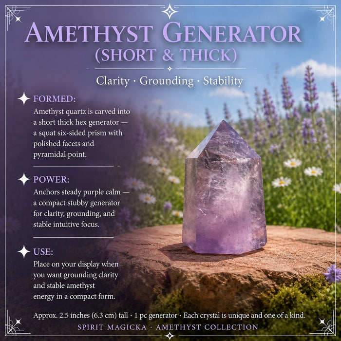 A short, thick pale amethyst generator standing on a stone