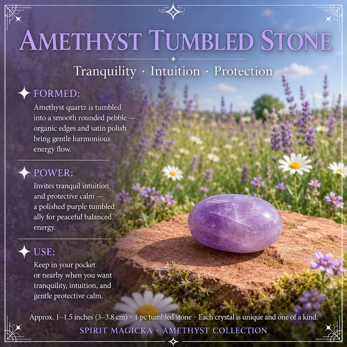 A smooth oval lavender amethyst tumbled stone resting on a stone