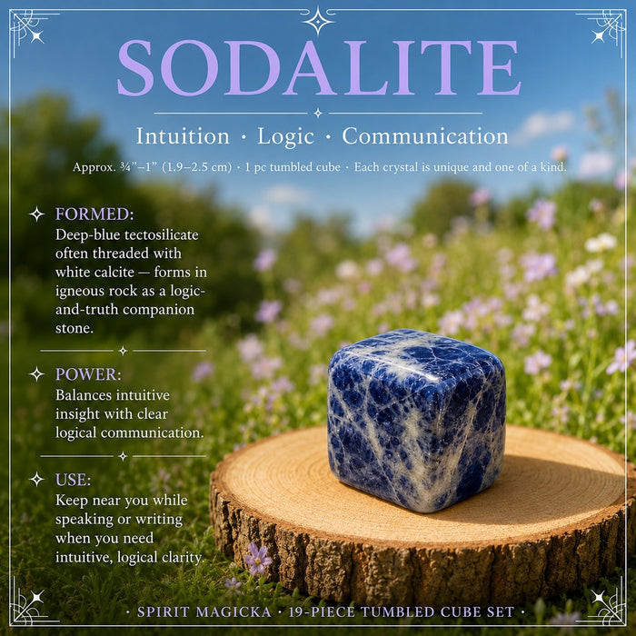 Sodalite tumbled cube on a wooden round in a wildflower meadow