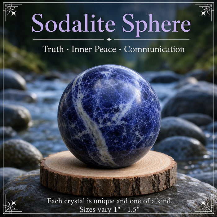 A blue sodalite sphere beside a stream