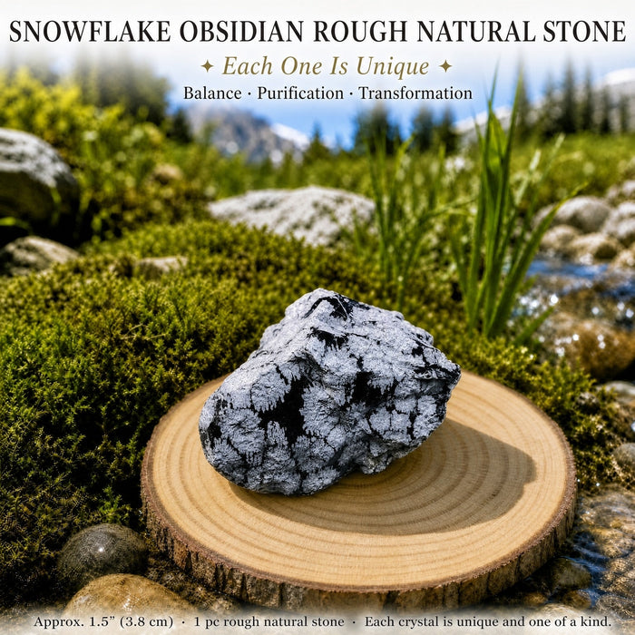 Black and white speckled rough snowflake obsidian on a wood slice