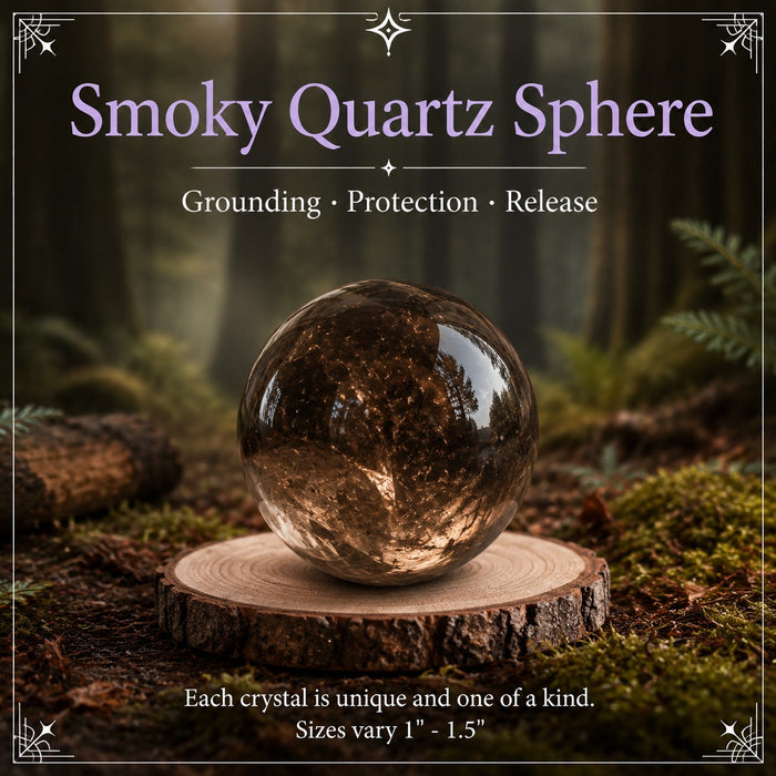 A smoky quartz sphere on a wooden stand in a forest