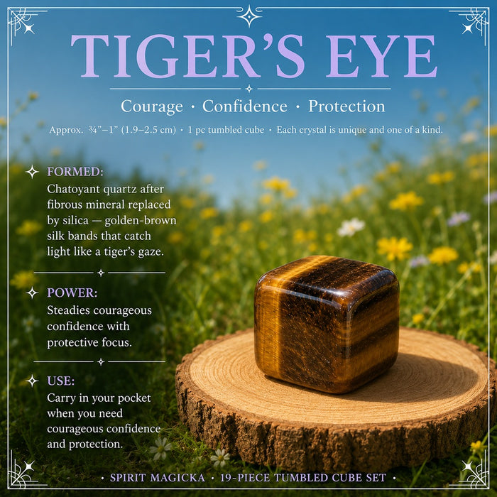 Tiger’s Eye tumbled cube on a wooden round in a wildflower meadow