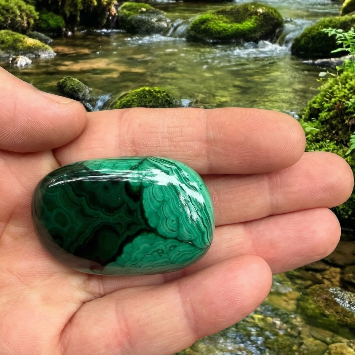 A polished malachite palmstone with swirling light and dark green bands resting across an open hand beside a stream
