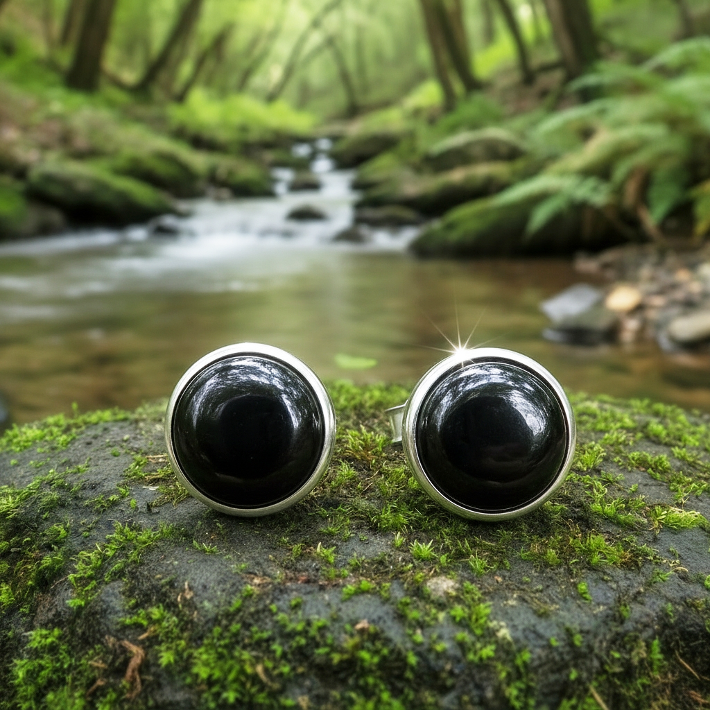 A pair of round black onyx stud earrings in polished silver bezels resting on a mossy stone by a forest stream