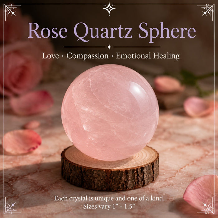 A pale pink rose quartz sphere among petals