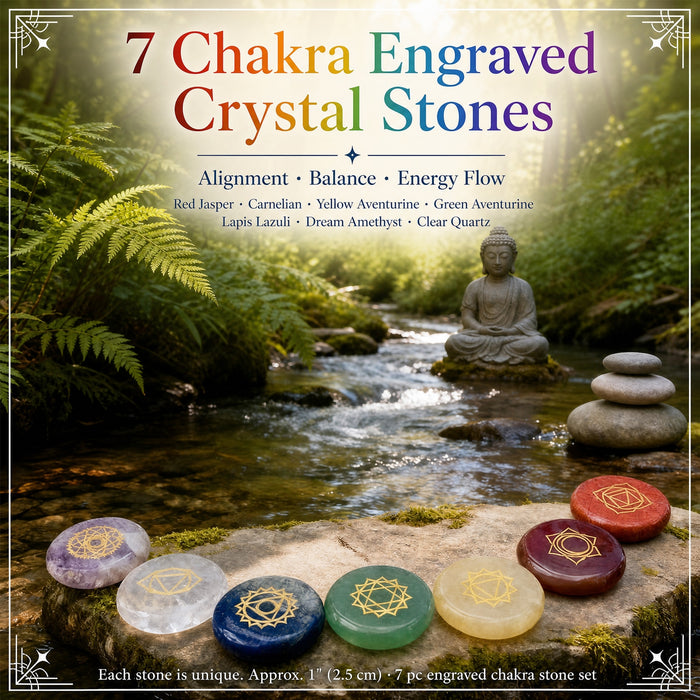 Seven round chakra stones engraved with gold symbols, laid in a row on a rock by a stream