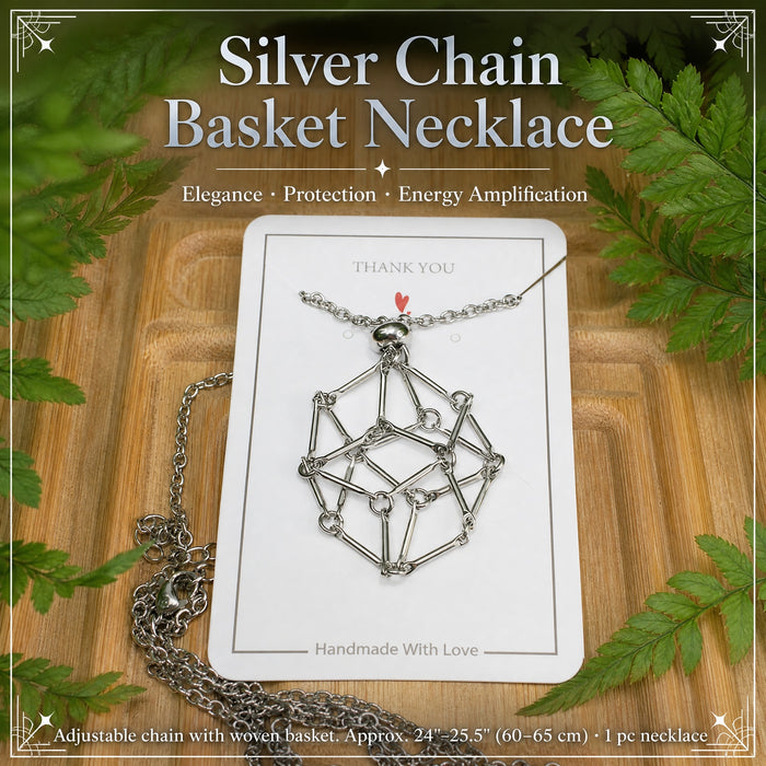 Silver chain necklace with a woven basket pendant on a card