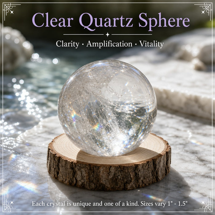 A clear quartz sphere on a wooden stand by sparkling water