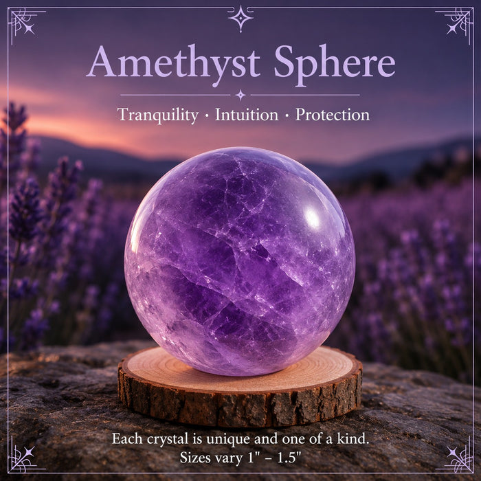 A purple amethyst sphere on a wooden stand among lavender