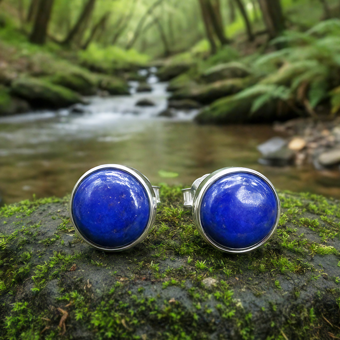 Two round lapis lazuli stud earrings in polished silver settings, seen face-on on a mossy stone