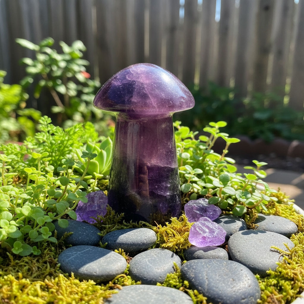 A banded purple fluorite mushroom standing among moss, small plants and smooth grey stones in a sunlit garden