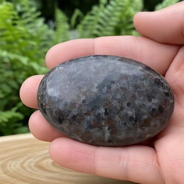 Smooth oval Yooperlite palmstone resting in an open hand