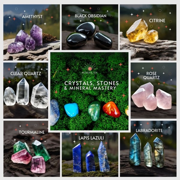 Title artwork for Crystals, Stones and Mineral Mastery, a grid of amethyst, obsidian, citrine, quartz, tourmaline, lapis lazuli and labradorite
