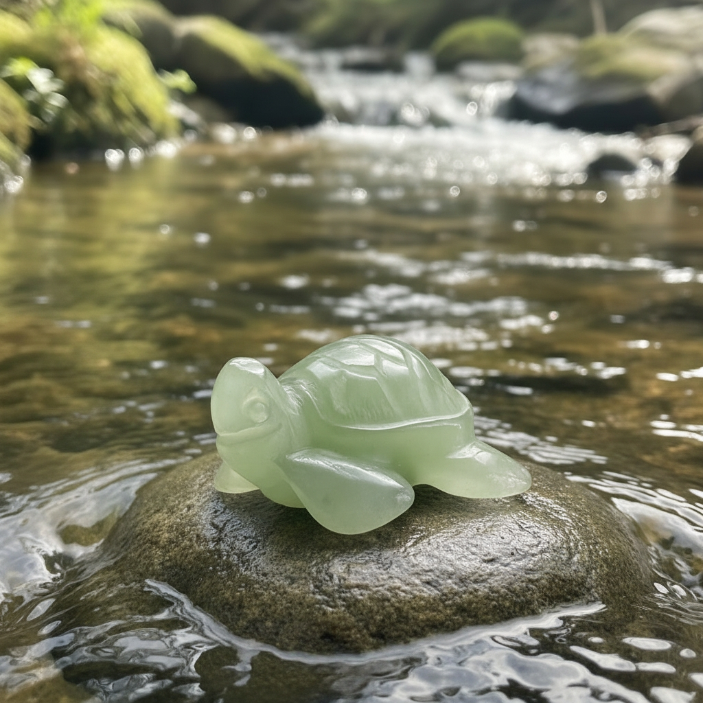 A small carved green quartz turtle resting on a mossy stone in a clear stream