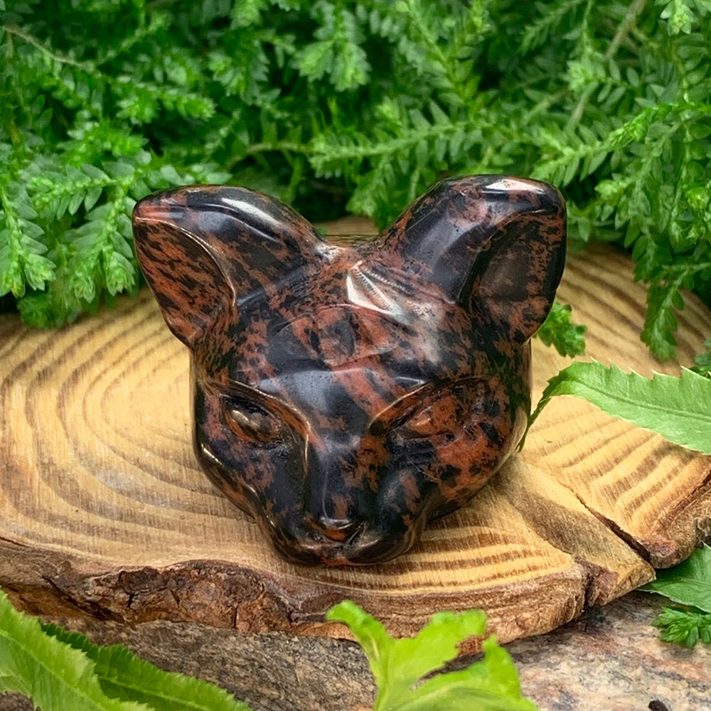 A polished red obsidian cat head carving in mottled black and brick red, resting on a wooden slice among ferns