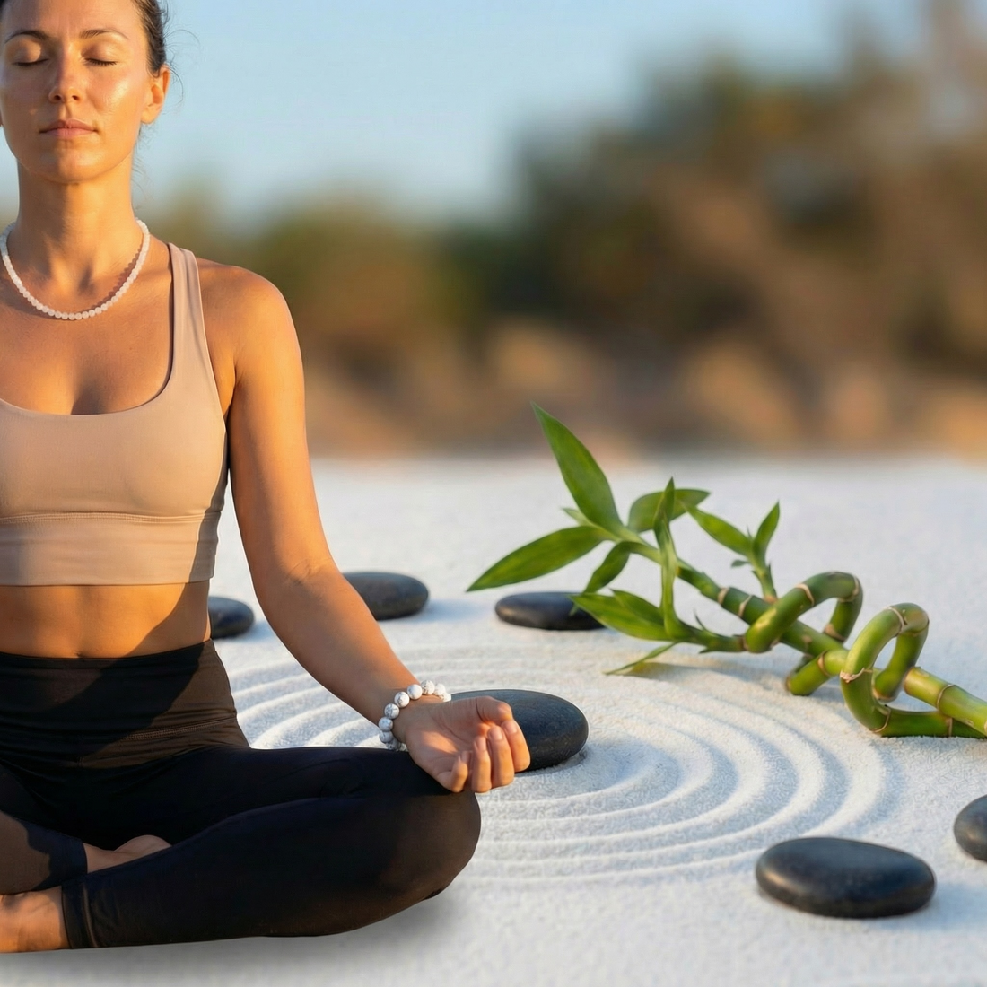A woman meditating cross-legged on raked sand, wearing a white jade bead necklace and a howlite bead bracelet