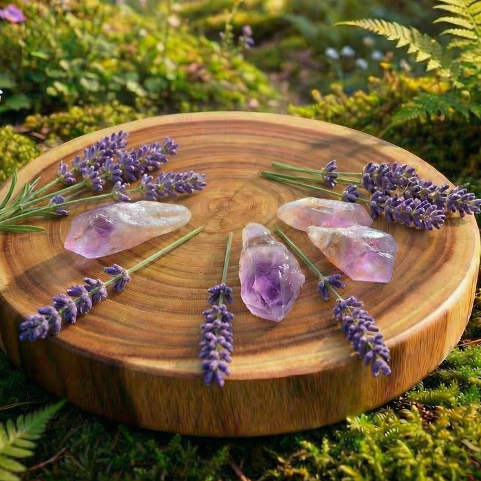 Four raw pale amethyst shards arranged on a wood slab between lavender sprigs