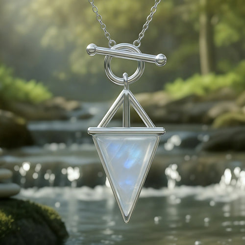 Close-up of the sterling silver pendant: a triangular moonstone with blue flash below an open silver triangle, hanging from a toggle on a cable chain