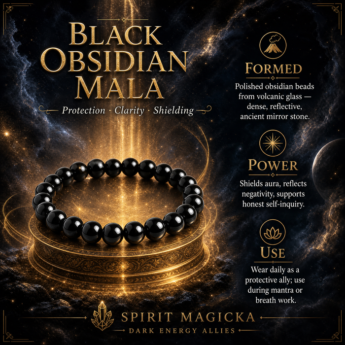Black obsidian mala of glossy round black beads