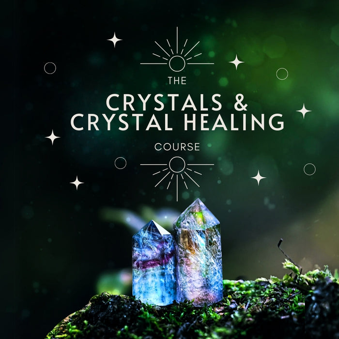 Title artwork for The Crystals and Crystal Healing Course, with glowing fluorite points on moss