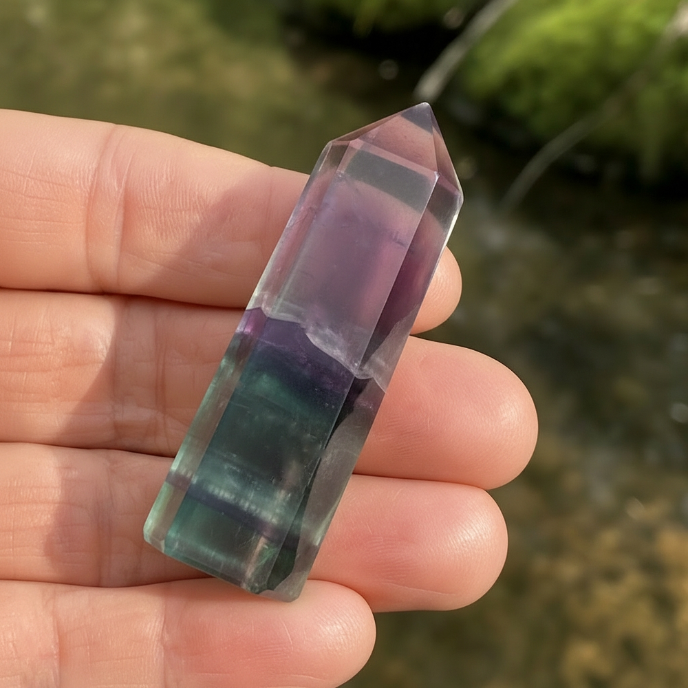 A multicolor fluorite mini point with violet and green zones resting across the fingers of an open hand