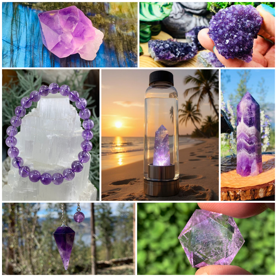 The amethyst crystal water bottle glowing on a beach at sunset, at the centre of a collage of amethyst pieces including the bead bracelet, the pendulum and a sparkling cluster