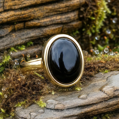 Black onyx and gold ring with a polished oval stone in a gold bezel, resting on moss and stone