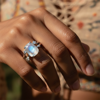 The moonstone and silver ring worn on a hand, its stone glowing with a soft blue sheen