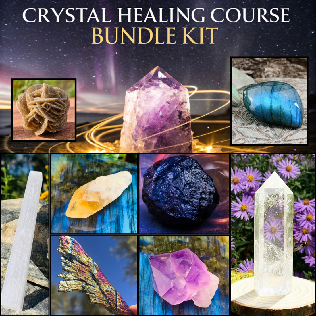 The Crystal Healing Course bundle kit: amethyst, labradorite, desert rose, selenite, citrine, tektite, clear quartz and rainbow kyanite