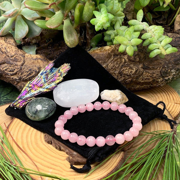 Conjunto de bolsa de tranquilidad de pulsera Mala de cuarzo rosa