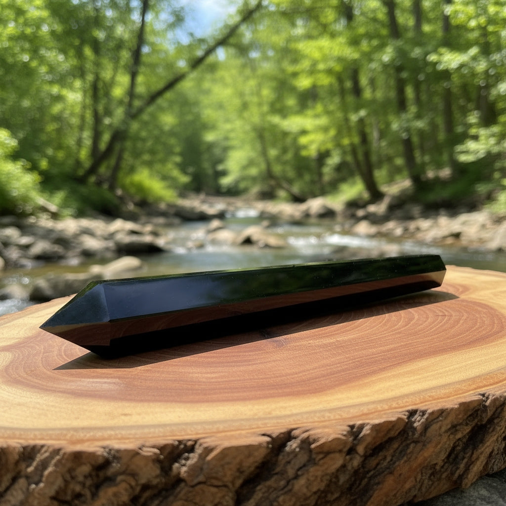 The obsidian generator lying on a wood slice beside a forest stream, showing its full faceted length